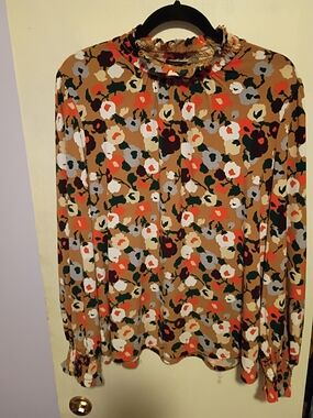 Ann Taylor Factory Floral Ruffle Neck Long Sleeve Blouse Brown Multi XL